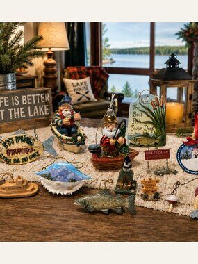 Vintage Fishing & Rustic Christmas Ornament Lot Cabin Lake Lodge Fish Santa Mixe